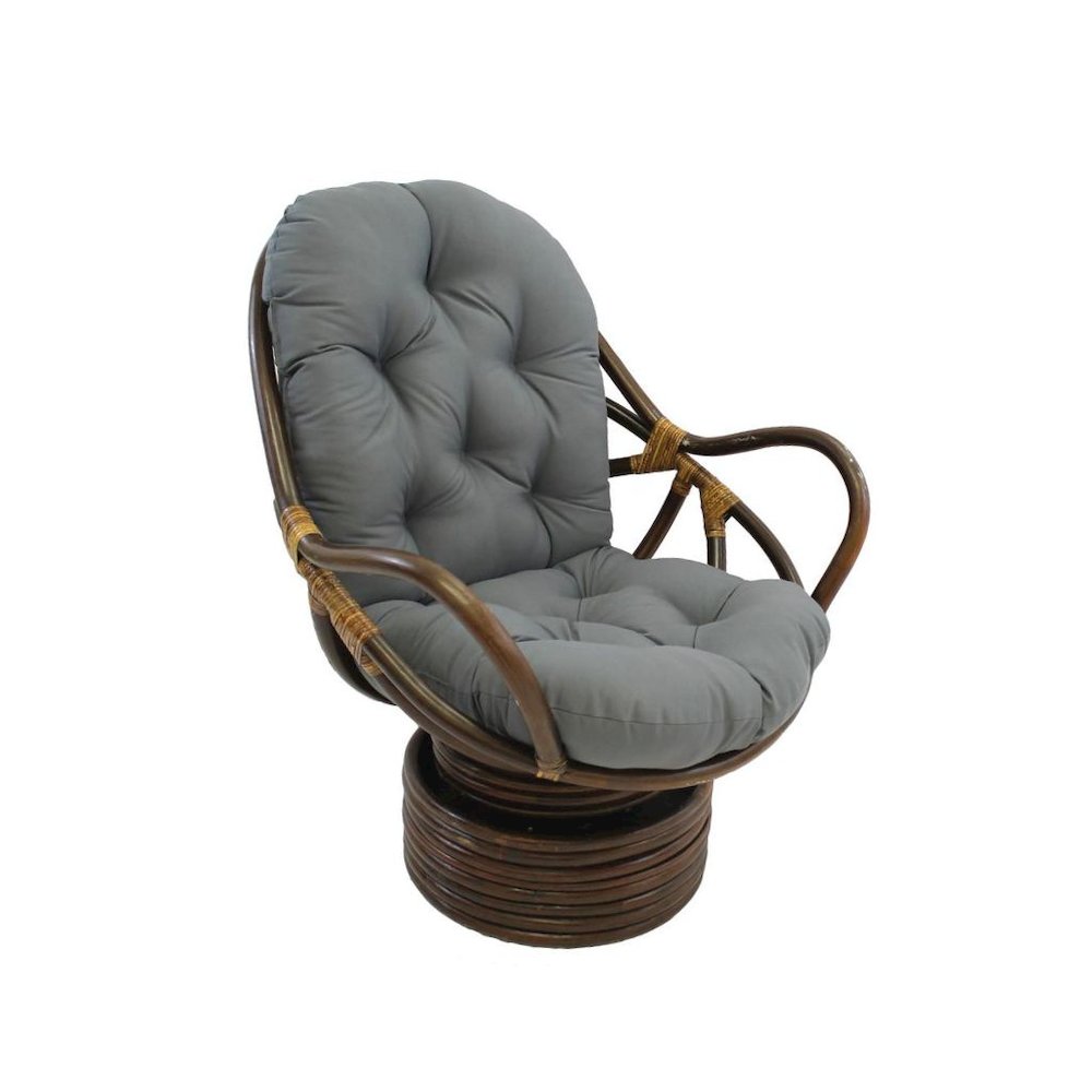 Brown Rattan Swivel Rocker, Grey Twill Cushion, Comfortable Outdoor Glider. Picture 1