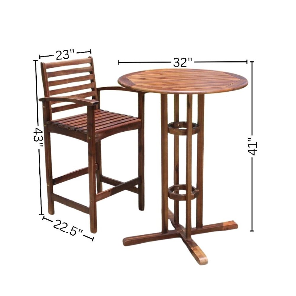 3 Piece Bistro Set, Acacia Wood, Bar Height Table and Two Chairs, Brown. Picture 4