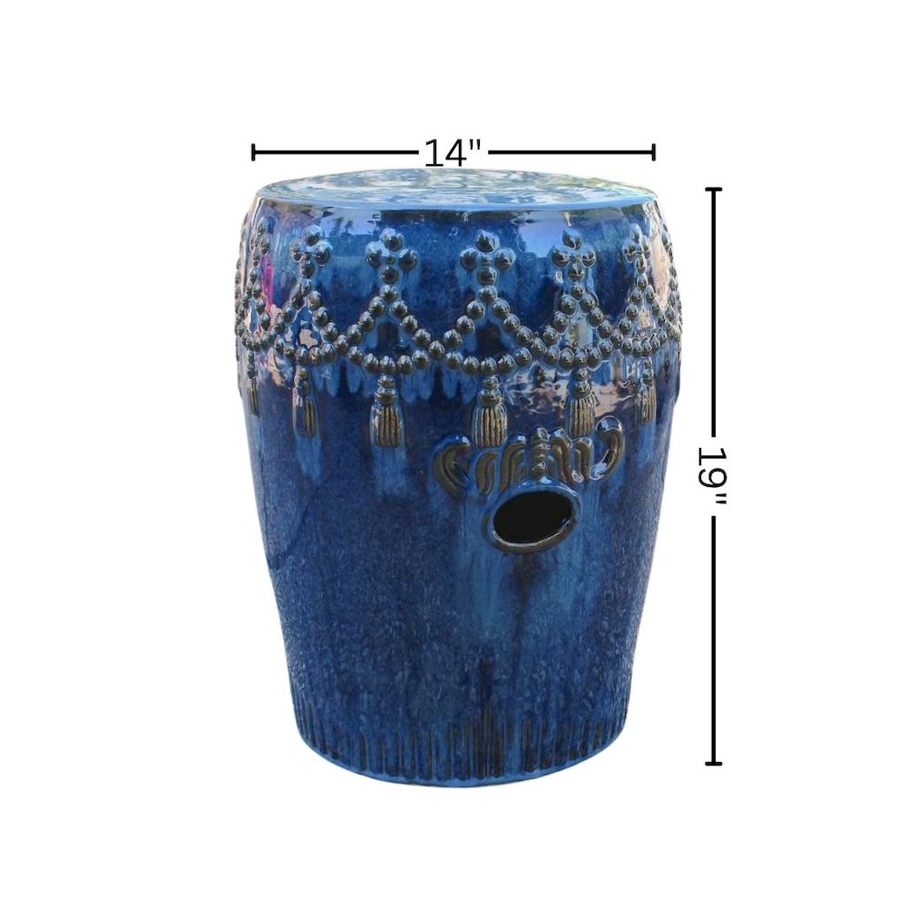 Ceramic Garden Stool, Navy Blue Tasseled Drum, Indoor/Outdoor Accent. Picture 4
