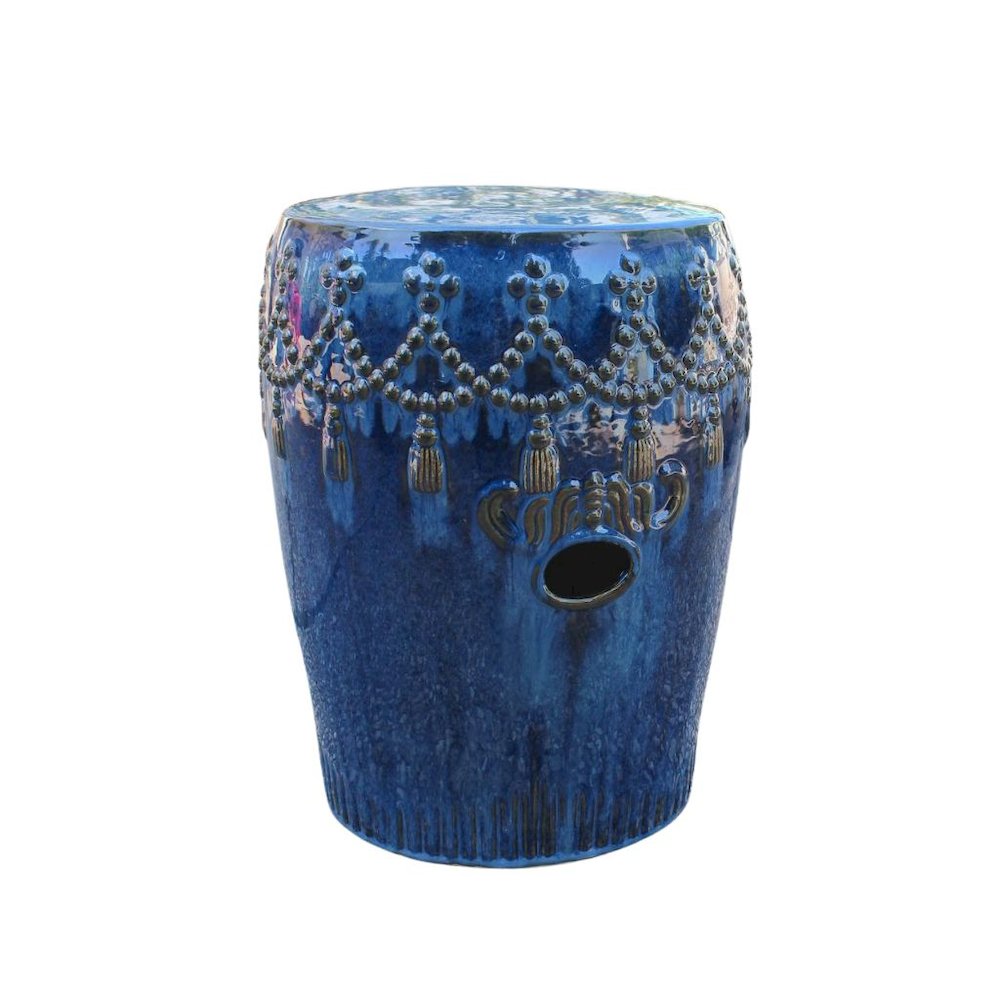 Ceramic Garden Stool, Navy Blue Tasseled Drum, Indoor/Outdoor Accent. Picture 1