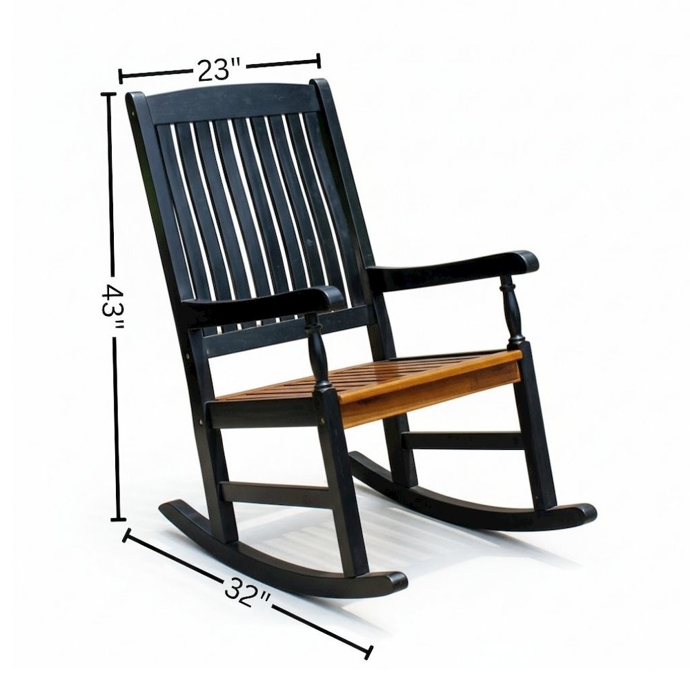 Porch Rocker, Black Acacia Wood and Oak Stain Seat, Distressed Finish. Picture 4