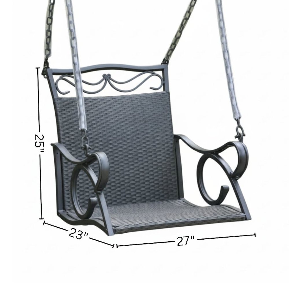 Hanging Chair Swing, Black Wicker and Curved Steel Frame, Single Outdoor Seat. Picture 4