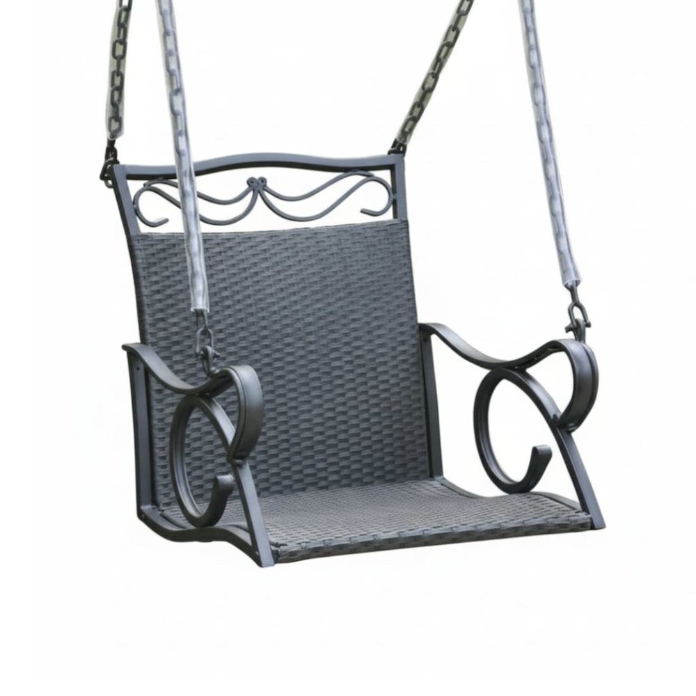 Hanging Chair Swing, Black Wicker and Curved Steel Frame, Single Outdoor Seat. Picture 1