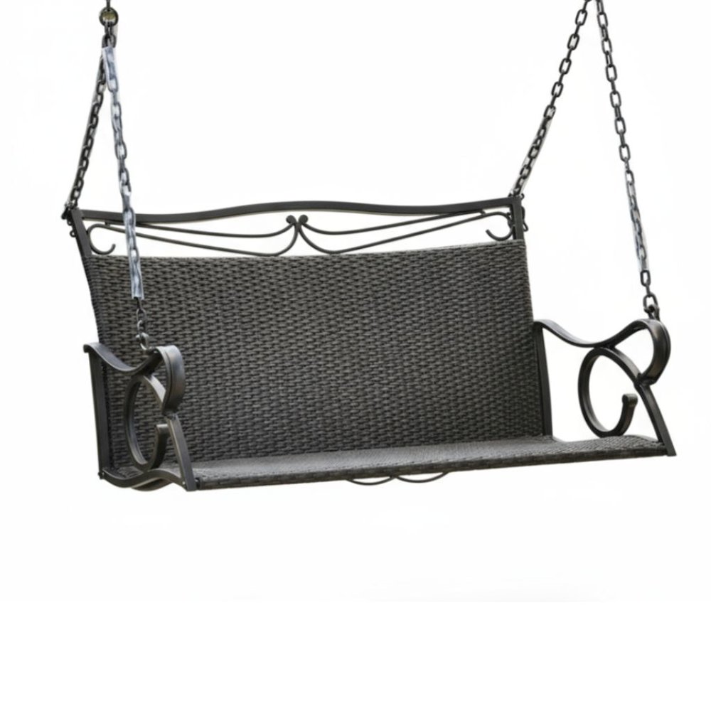 Loveseat Swing, Black Antique Resin Wicker, Durable Steel Frame, Outdoor Seating. Picture 1