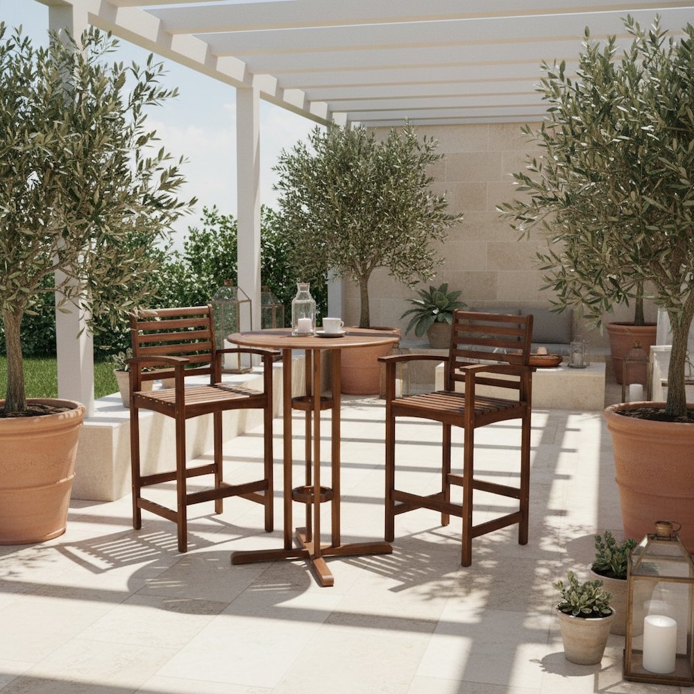 3 Piece Bistro Set, Acacia Wood, Bar Height Table and Two Chairs, Brown. Picture 2