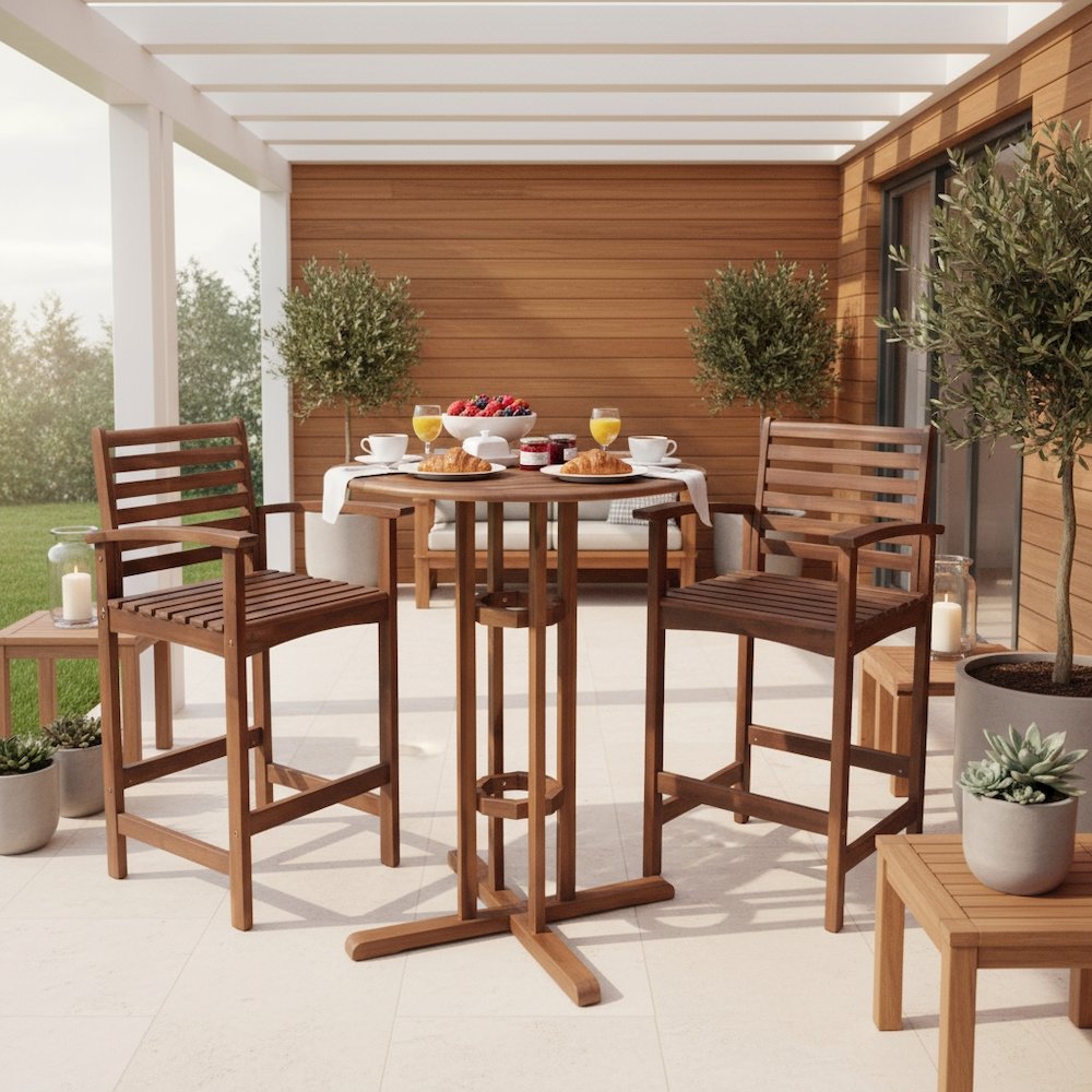3 Piece Bistro Set, Acacia Wood, Bar Height Table and Two Chairs, Brown. Picture 3