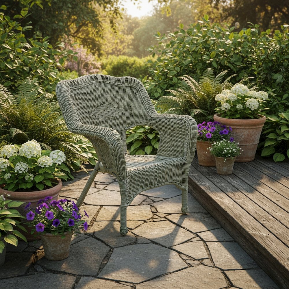 Patio Chair, Moss Wicker, Stackable, Steel Frame and Camelback Design. Picture 2