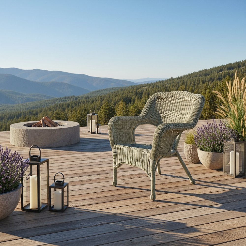 Patio Chair, Moss Wicker, Stackable, Steel Frame and Camelback Design. Picture 3