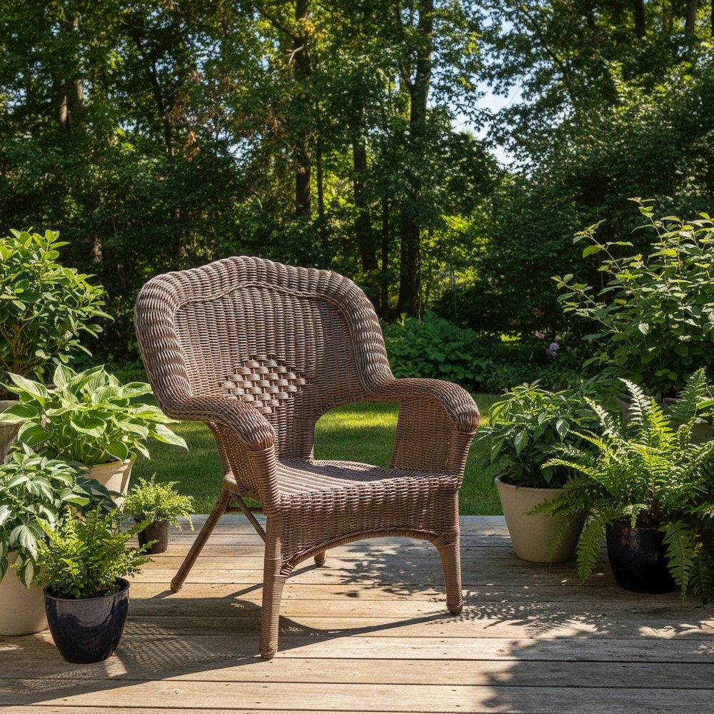 Patio Chair, Dark Brown Wicker, Stackable, Steel Frame, Camelback. Picture 2