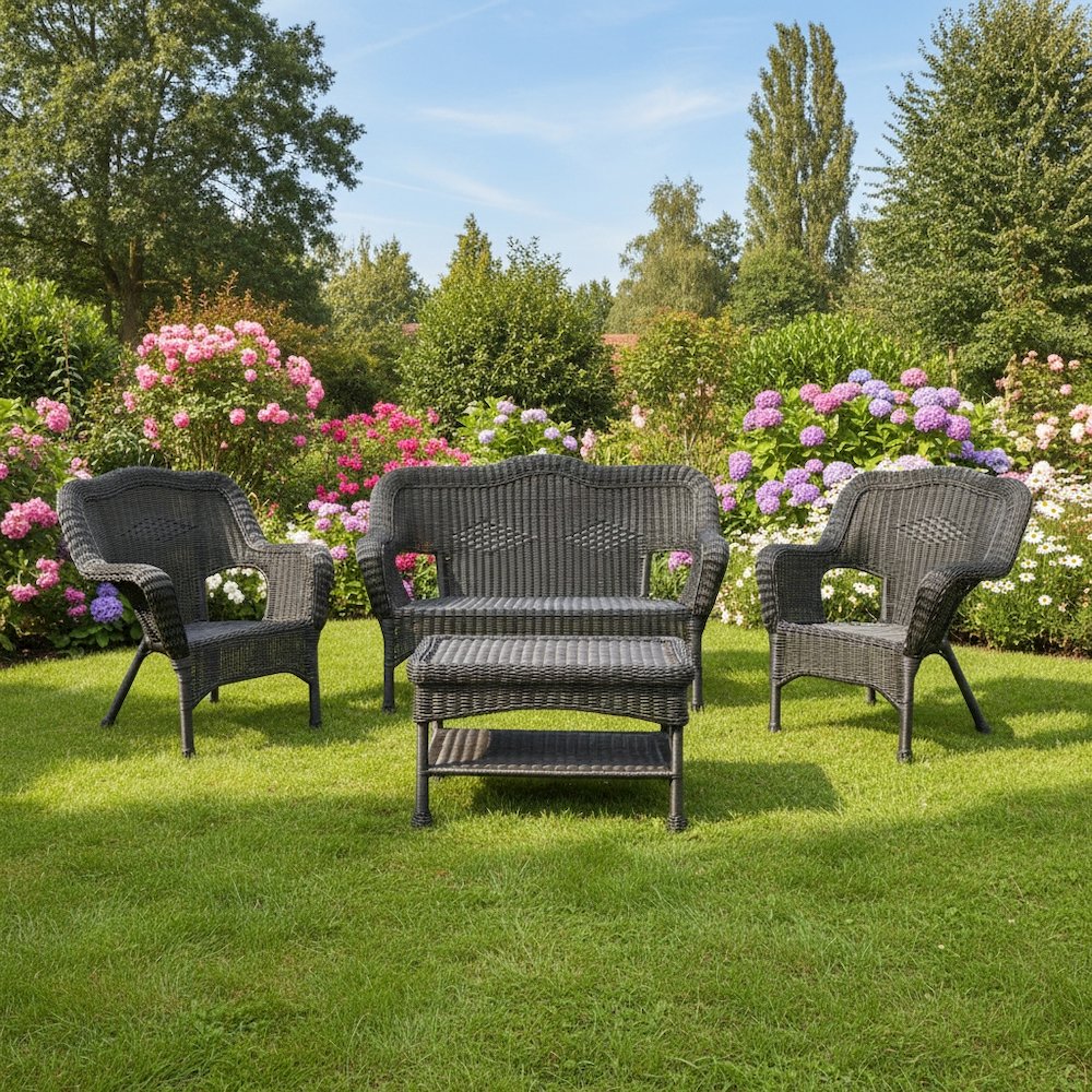4 Piece Seating Outdoor Set, Black Wicker/Steel Loveseat with 2 Chairs and Table. Picture 2