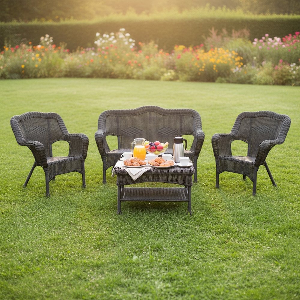 4 Piece Seating Outdoor Set, Black Wicker/Steel Loveseat with 2 Chairs and Table. Picture 3