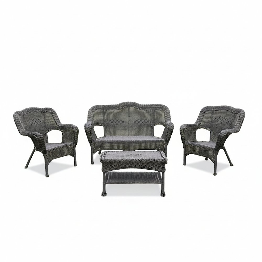 4 Piece Seating Outdoor Set, Black Wicker/Steel Loveseat with 2 Chairs and Table. Picture 1