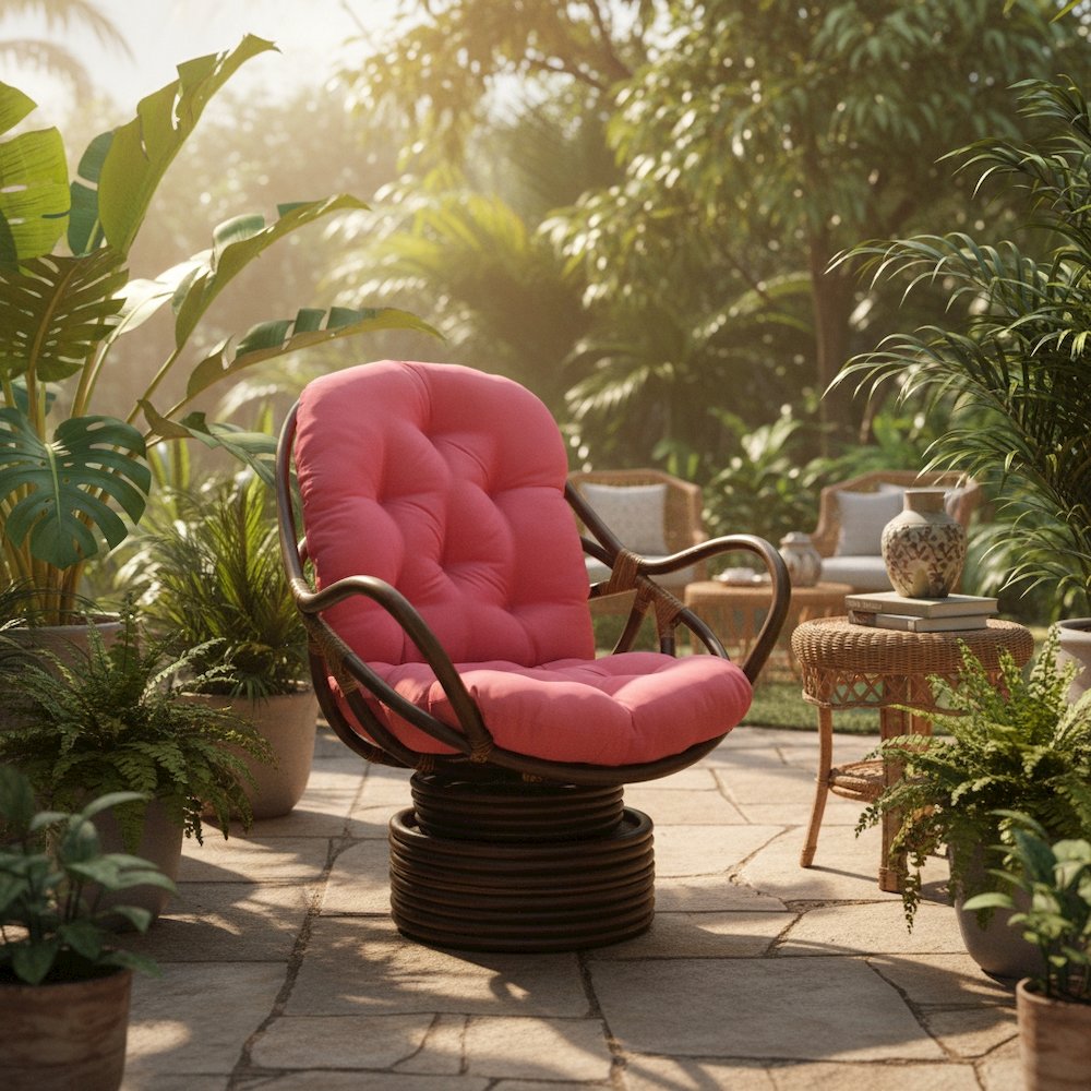 Swivel Rocker, Brown Rattan and Micro Suede Cushion, Red Plush Seating. Picture 2