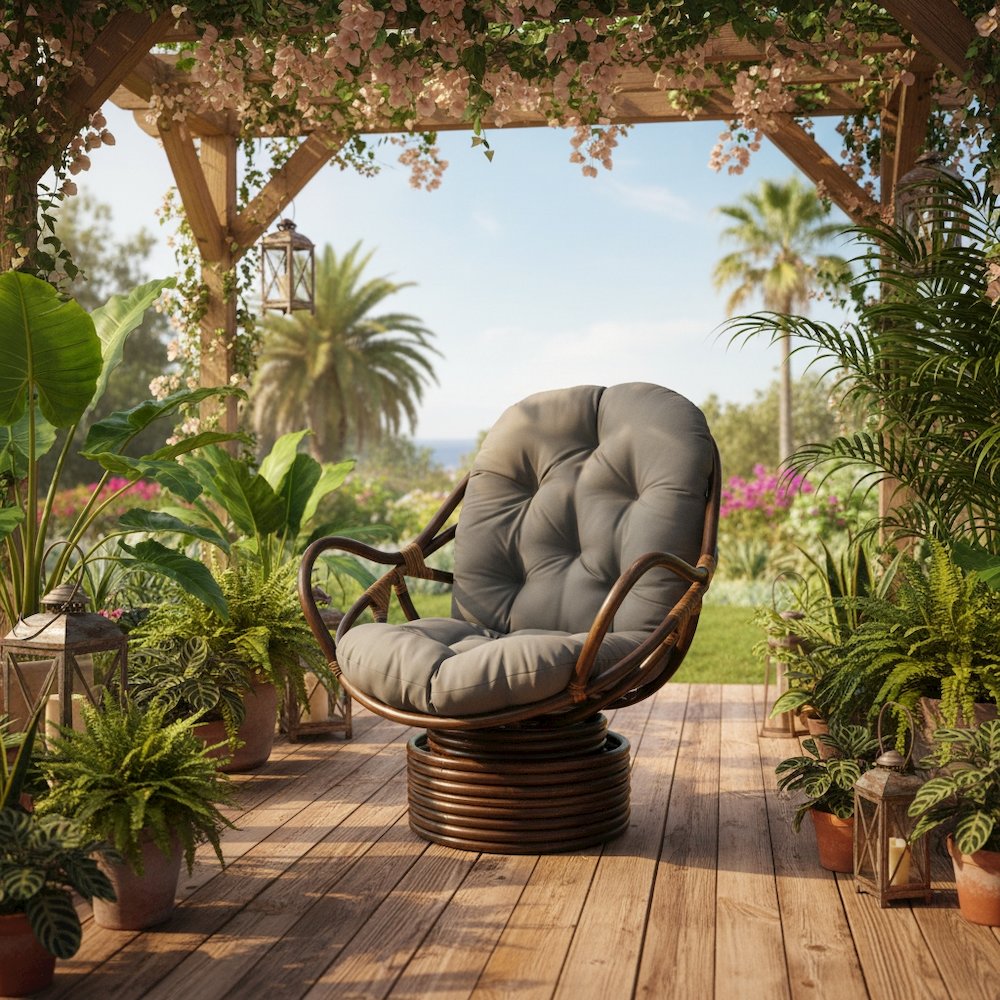 Brown Rattan Swivel Rocker, Grey Twill Cushion, Comfortable Outdoor Glider. Picture 2