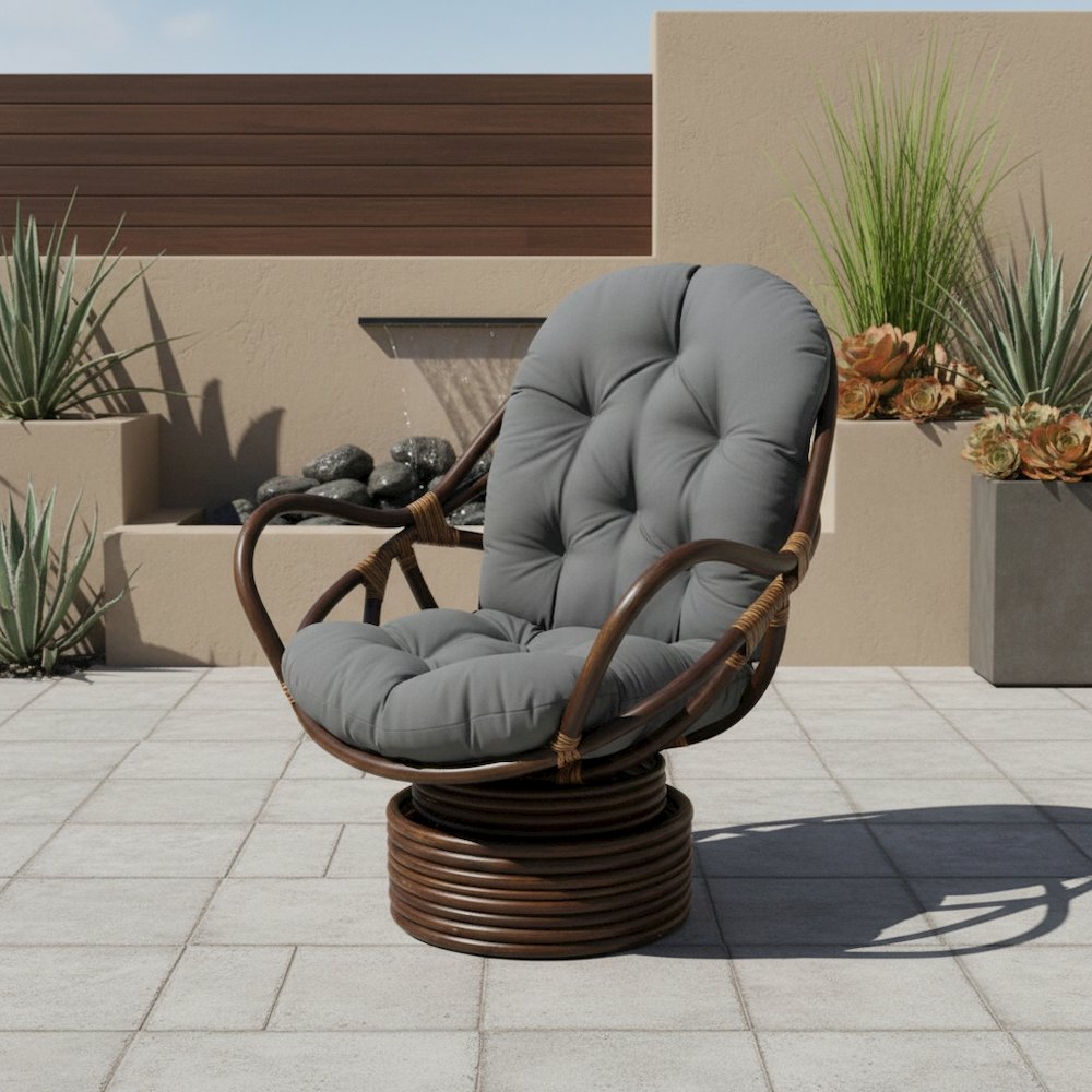 Brown Rattan Swivel Rocker, Grey Twill Cushion, Comfortable Outdoor Glider. Picture 3