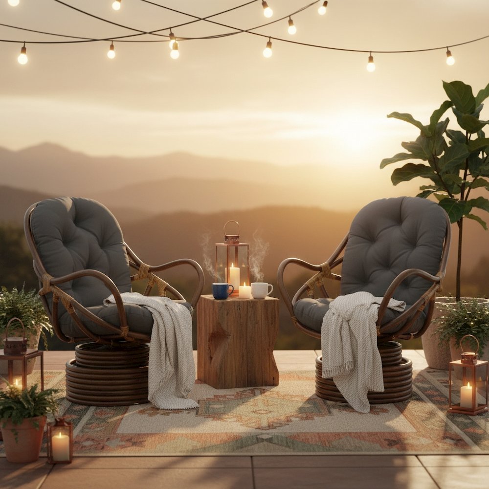 Swivel Rocker, Brown Rattan and Black Twill Cushion, Smooth Glider, Outdoor. Picture 3