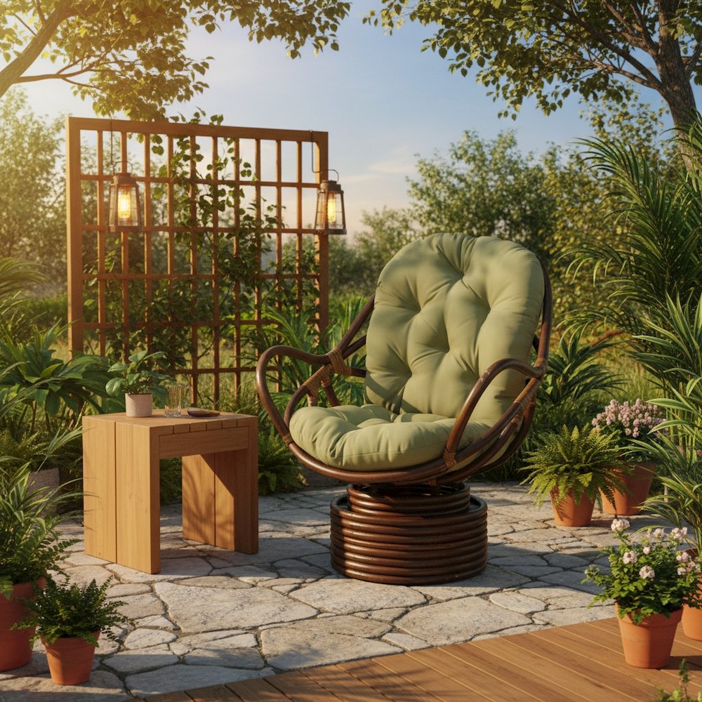 Swivel Rocker, Brown Rattan, Twill Cushion, Comfortable Outdoor Armchair. Picture 2