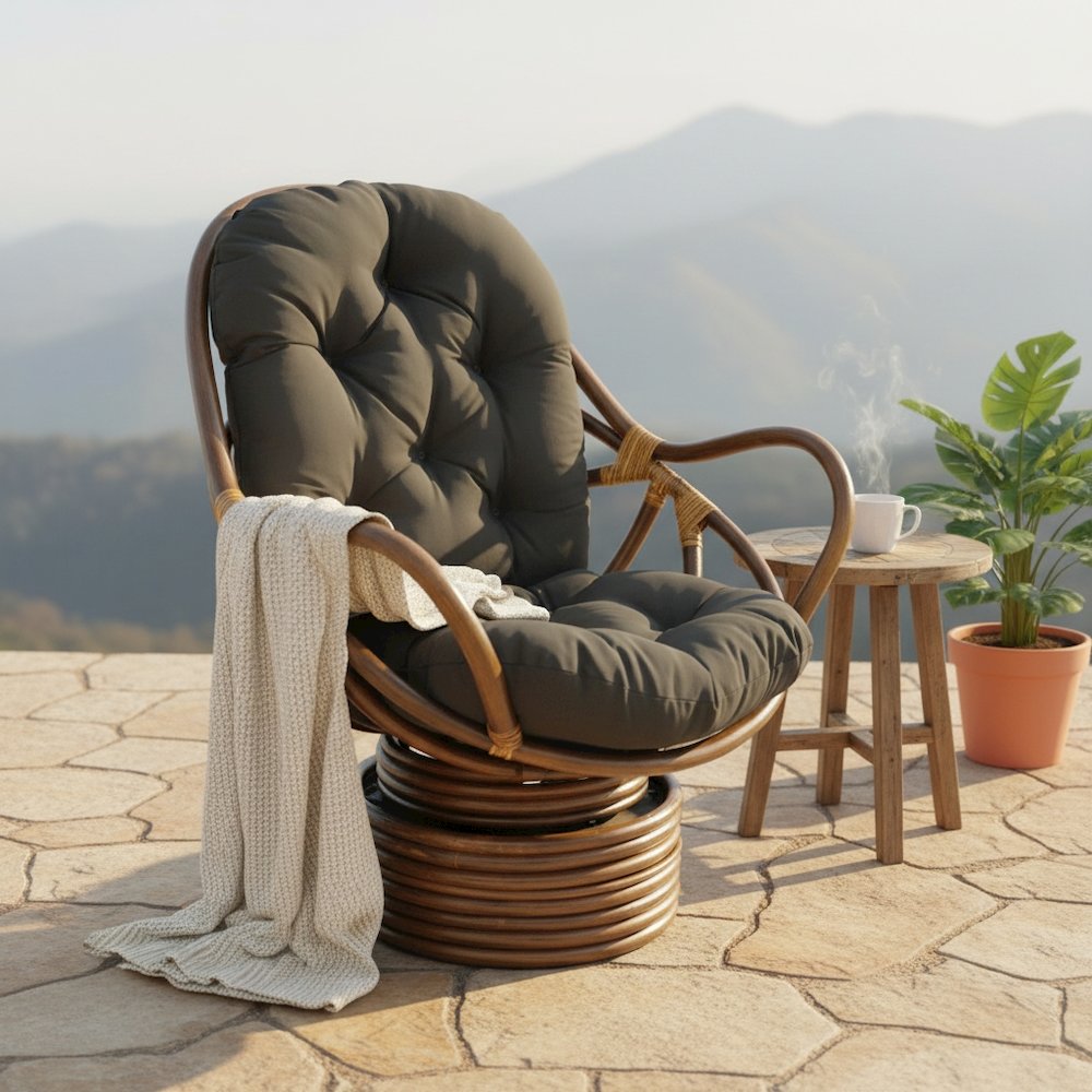 Swivel Rocker, Brown Rattan and Black Twill Cushion, Smooth Glider, Outdoor. Picture 2