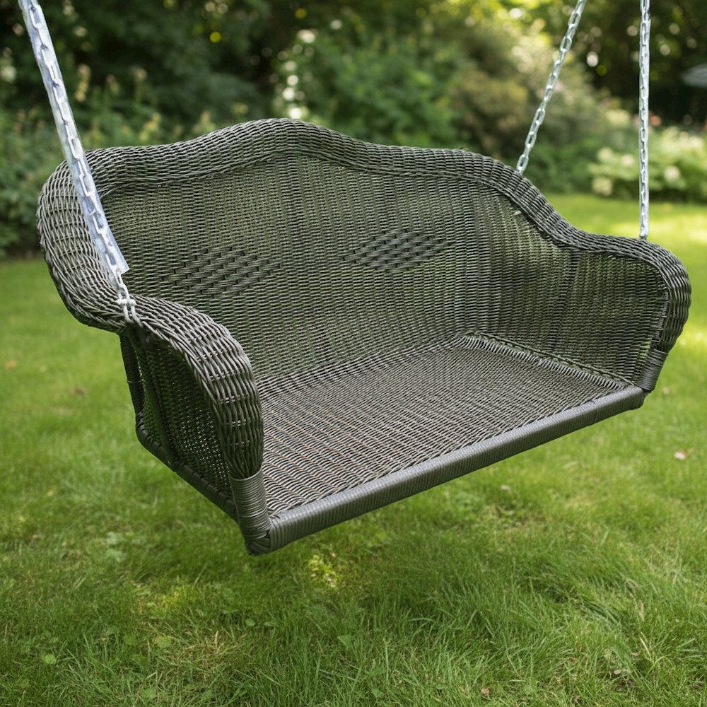 Hanging Loveseat Swing, Black Hand-Woven Wicker, Curved Steel Frame. Picture 2