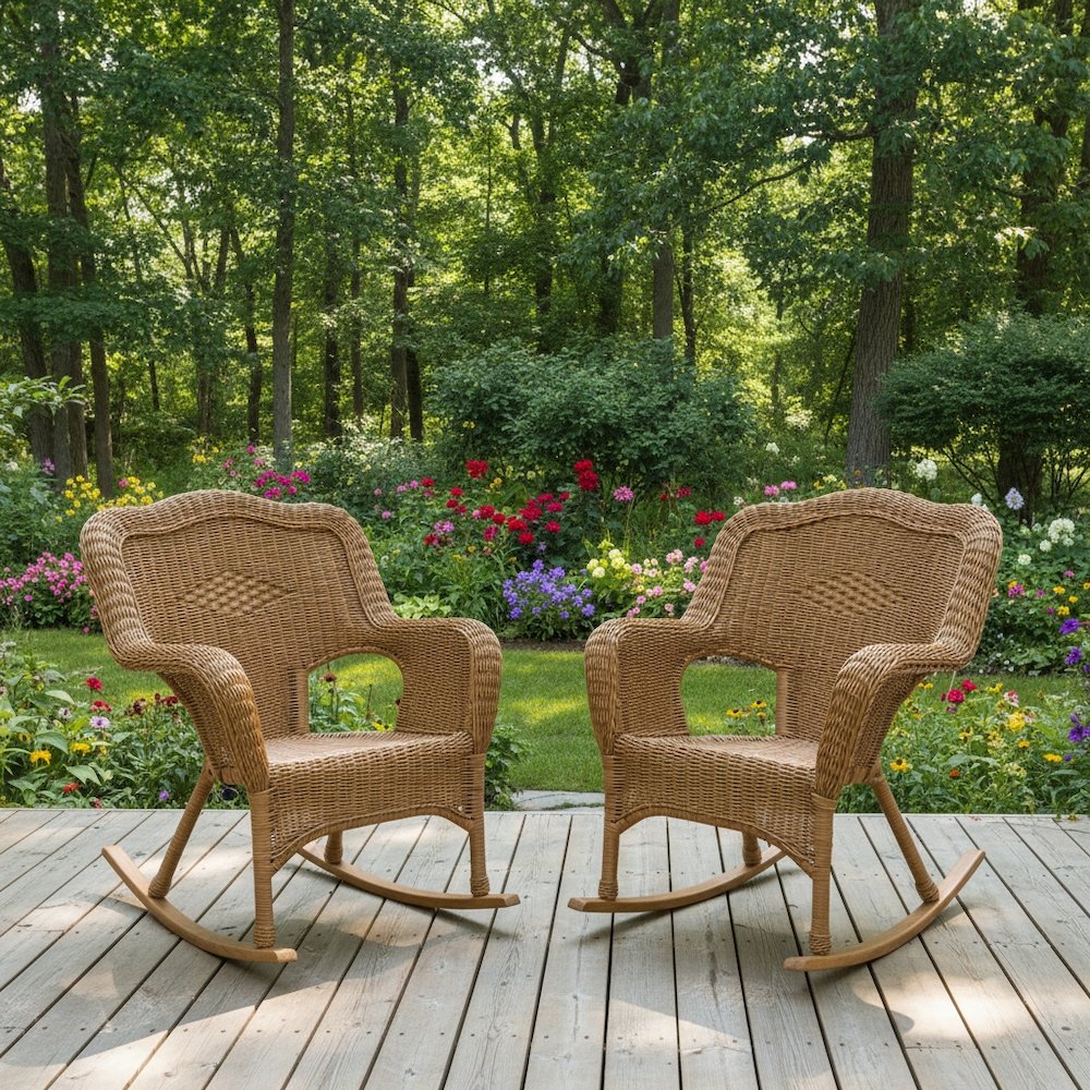 Rocking Chairs, Set of 2, Mocha Wicker, Camel Back Design, Outdoor Seating. Picture 3