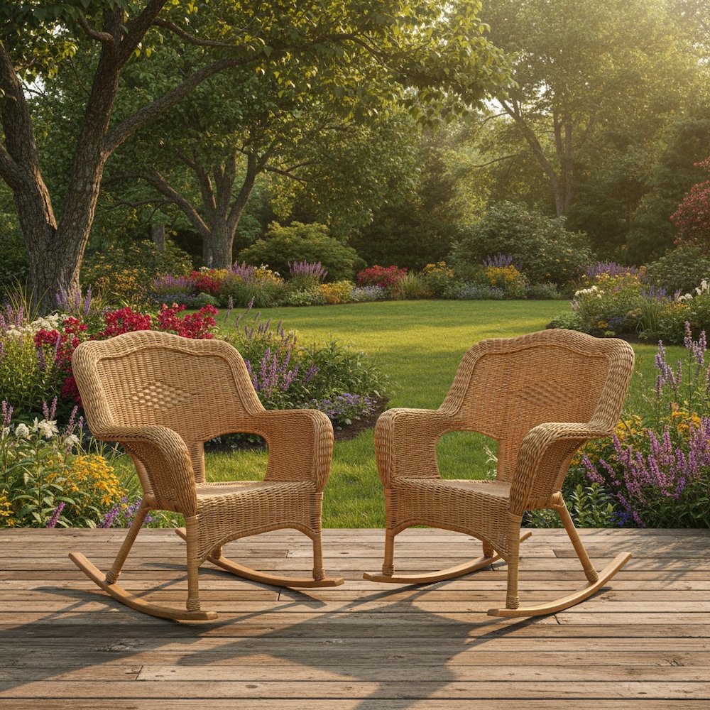 Rocking Chairs, Set of 2, Mocha Wicker, Camel Back Design, Outdoor Seating. Picture 2