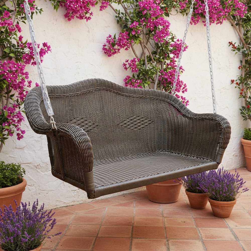 Hanging Loveseat Swing, Black Hand-Woven Wicker, Curved Steel Frame. Picture 3