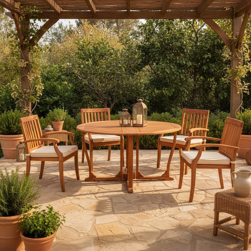 Round Dining Table, Solid Balau Wood, Gate Leg, Umbrella Hole, Outdoor. Picture 2