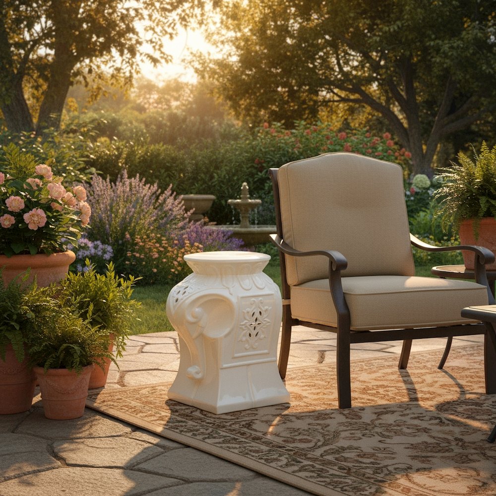 Ceramic Garden Stool, White Elephant Design, Indoor Outdoor Accent. Picture 3