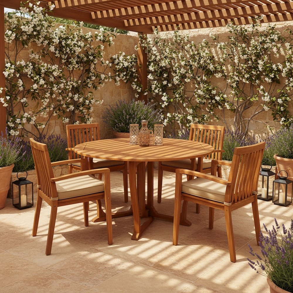 Round Dining Table, Solid Balau Wood, Gate Leg, Umbrella Hole, Outdoor. Picture 3