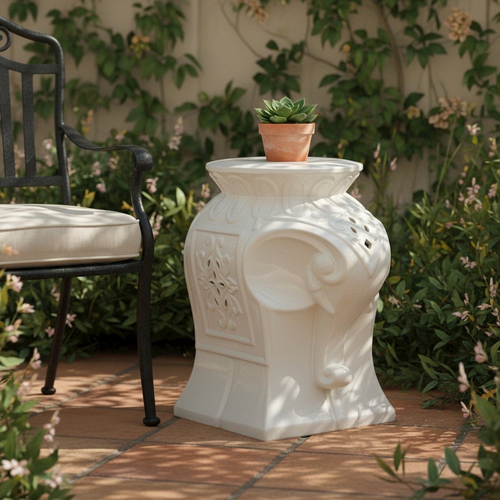 Ceramic Garden Stool, White Elephant Design, Indoor Outdoor Accent. Picture 2