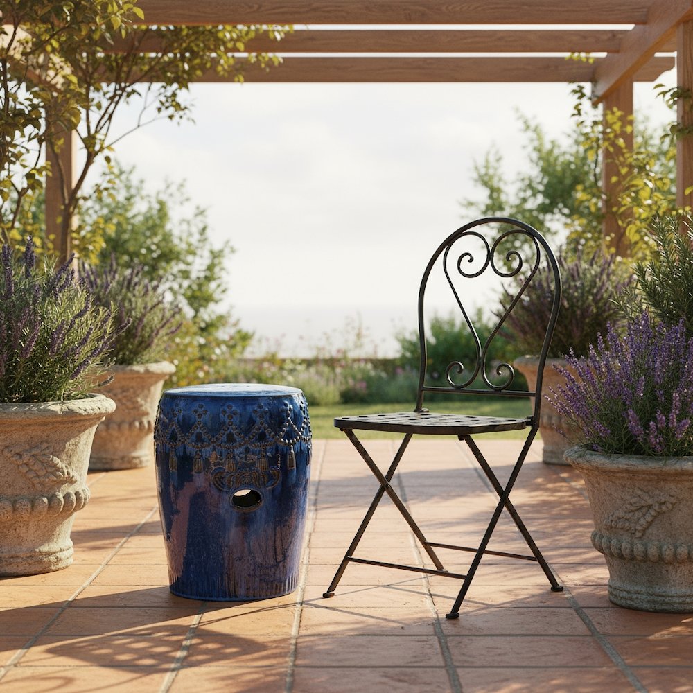 Ceramic Garden Stool, Navy Blue Tasseled Drum, Indoor/Outdoor Accent. Picture 3
