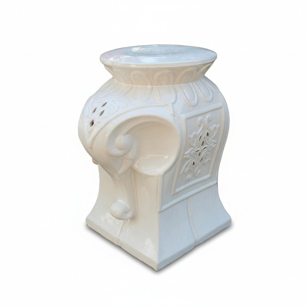 Ceramic Garden Stool, White Elephant Design, Indoor Outdoor Accent. Picture 1