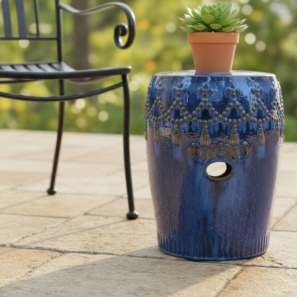 Ceramic Garden Stool, Navy Blue Tasseled Drum, Indoor/Outdoor Accent. Picture 2