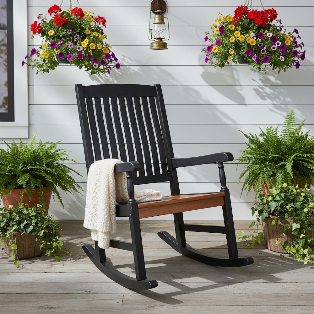 Porch Rocker, Black Acacia Wood and Oak Stain Seat, Distressed Finish. Picture 2
