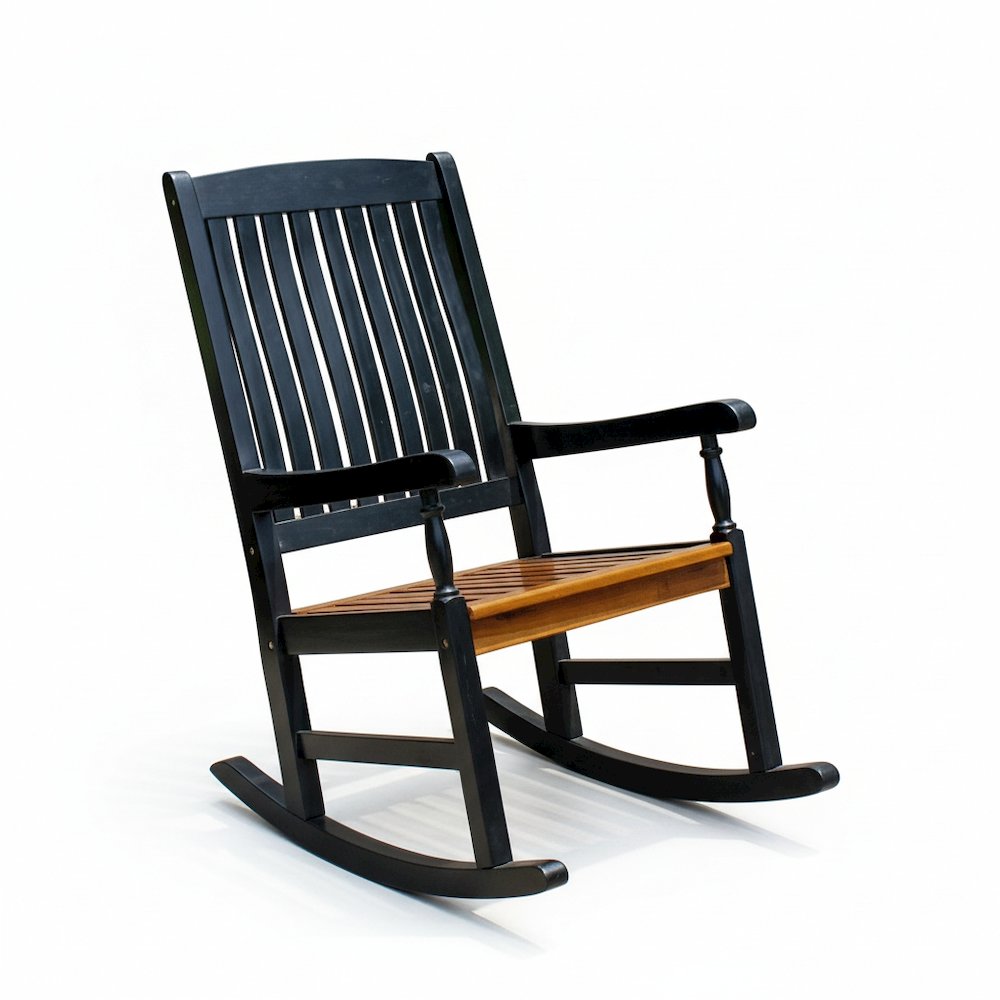 Porch Rocker, Black Acacia Wood and Oak Stain Seat, Distressed Finish. Picture 1