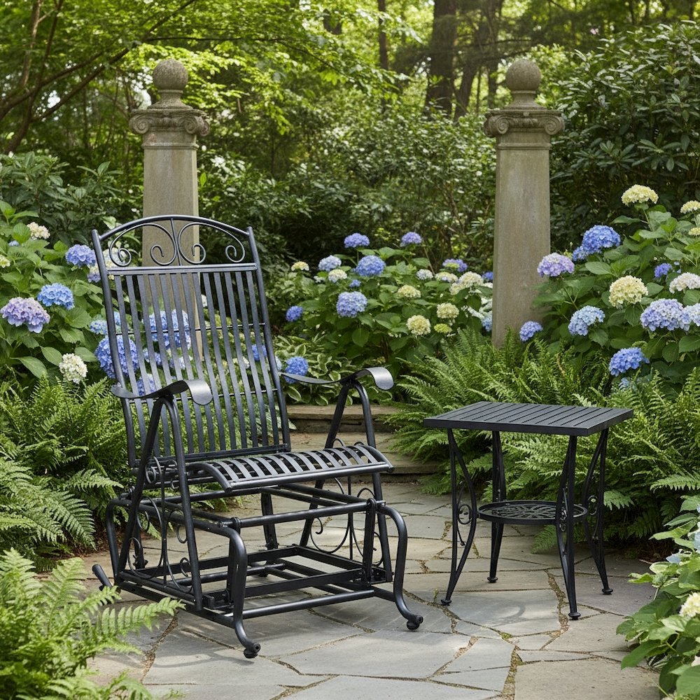 Single Iron Glider, Black Finish, Durable Outdoor Gliding Armchair. Picture 2