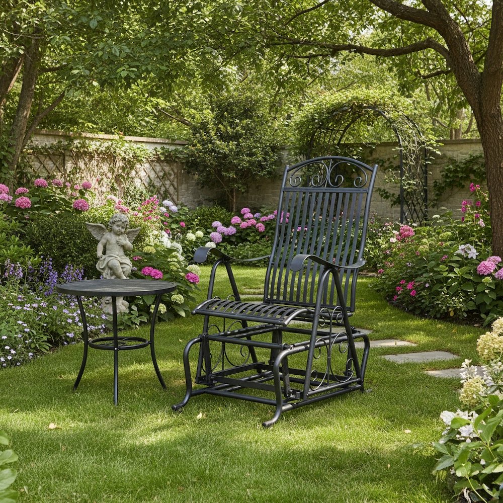 Single Iron Glider, Black Finish, Durable Outdoor Gliding Armchair. Picture 3