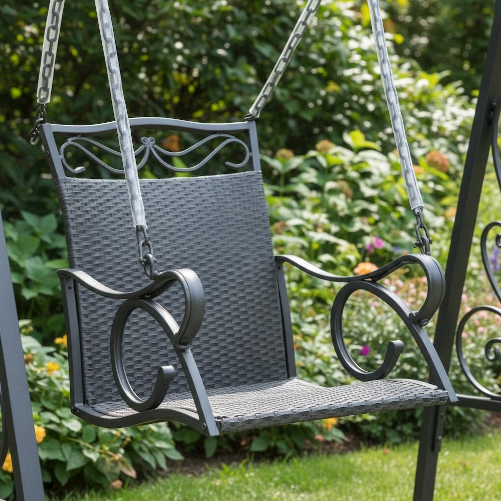 Hanging Chair Swing, Black Wicker and Curved Steel Frame, Single Outdoor Seat. Picture 2