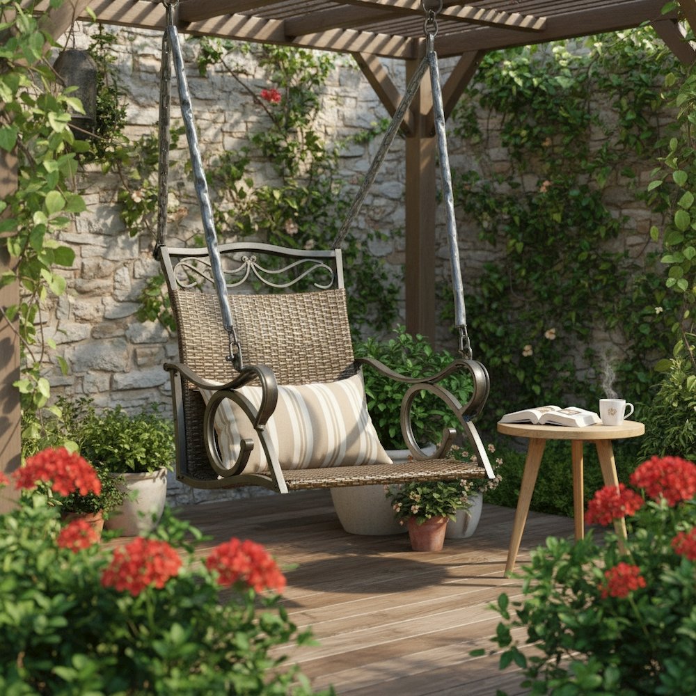 Single Chair Swing, Antique Brown Wicker, Steel Frame, Hanging. Picture 2