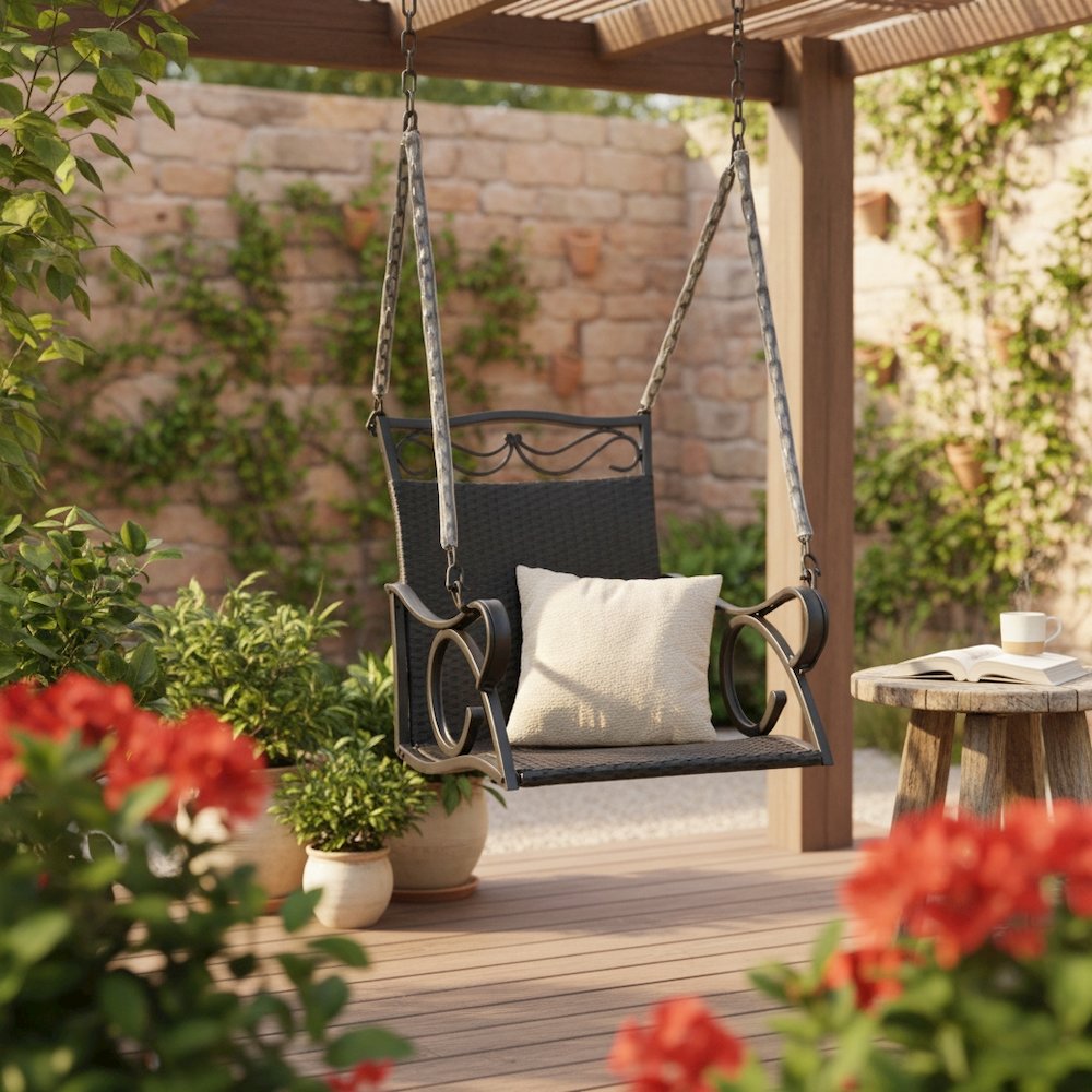 Hanging Chair Swing, Black Wicker and Curved Steel Frame, Single Outdoor Seat. Picture 3