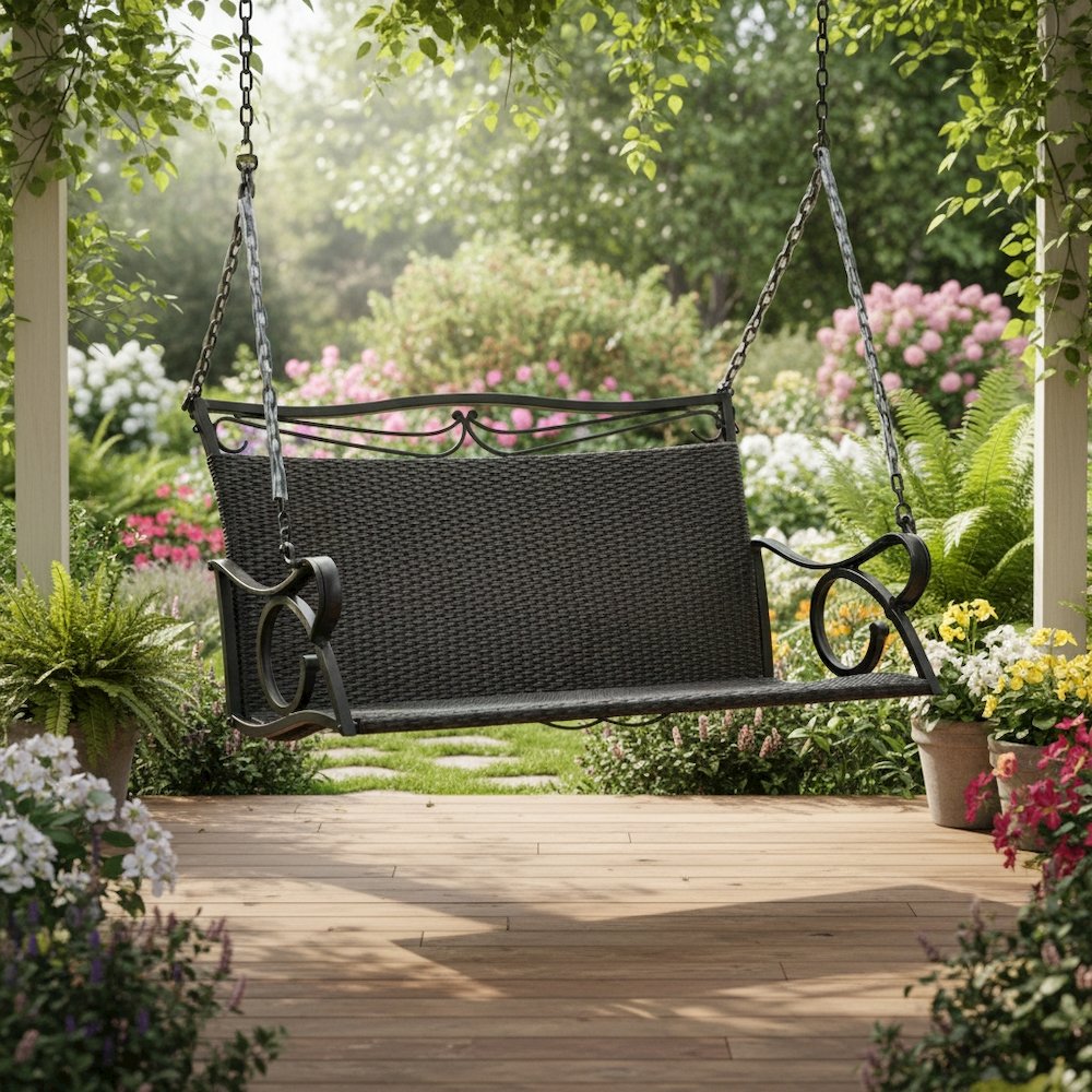 Loveseat Swing, Black Antique Resin Wicker, Durable Steel Frame, Outdoor Seating. Picture 2