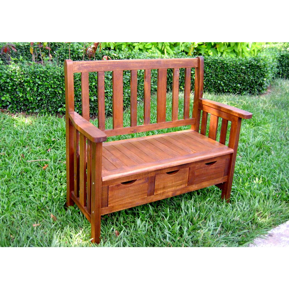 3-Drawer Acacia Bench w/Arms. Picture 1