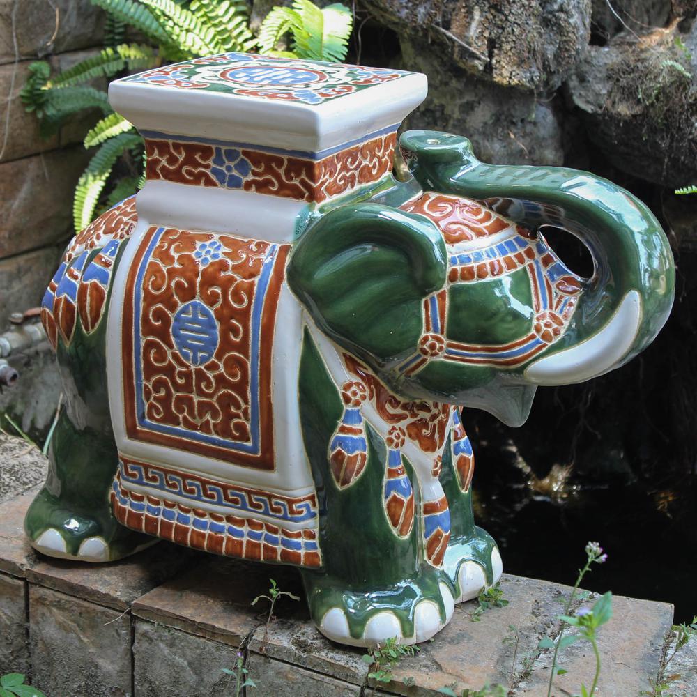 Large Porcelain Elephant Stool-Green. Picture 1