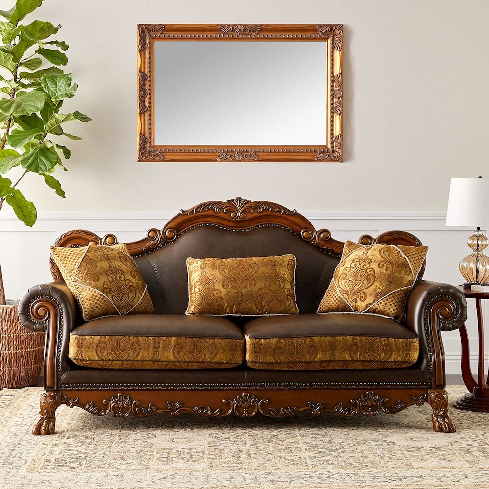 Sofa (w/3 Pillows), Brown PU & Chenille, Cherry Oak 15160. Picture 5