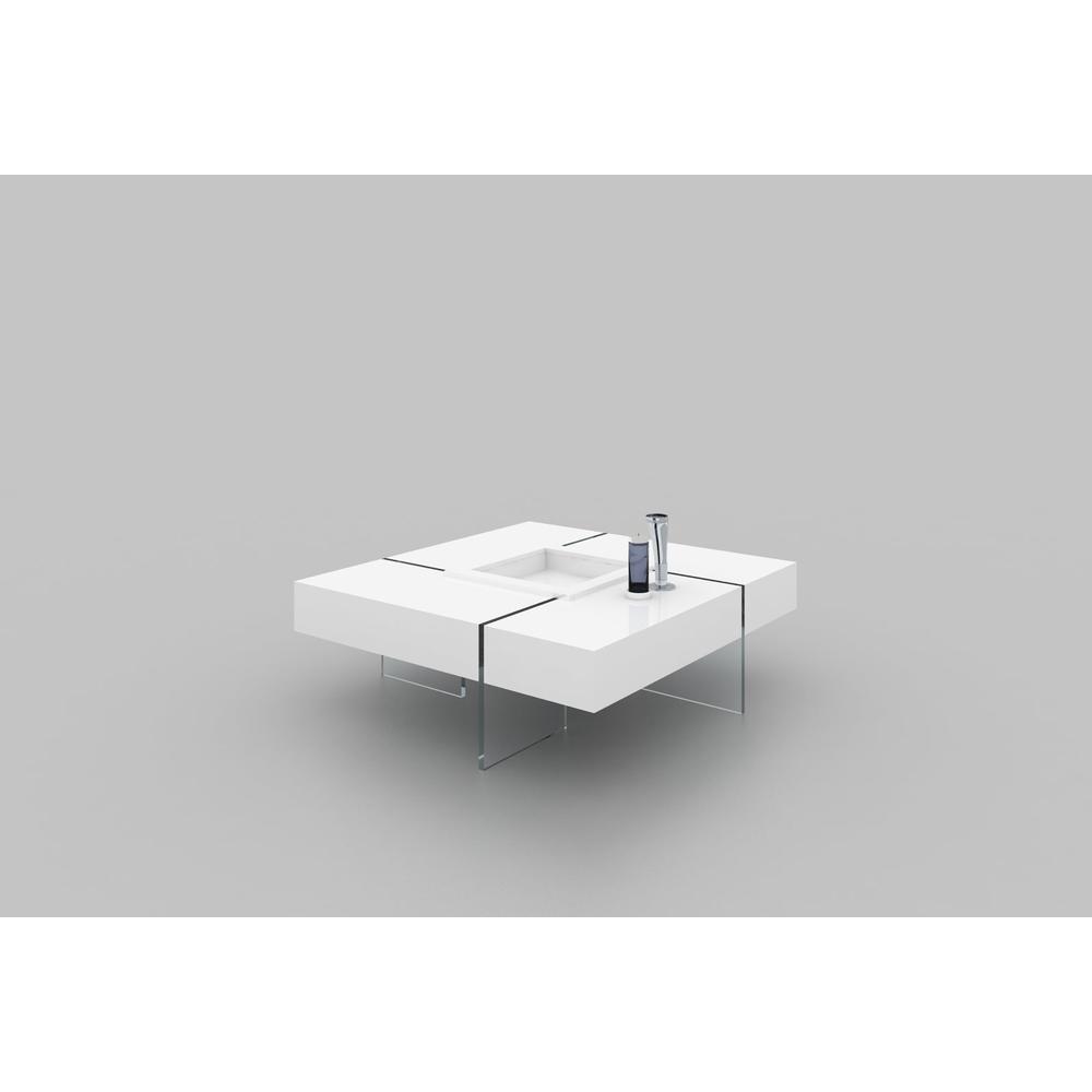 White Lacquer Top Coffee Table W/ Center Tray, Glass Legs. Picture 2