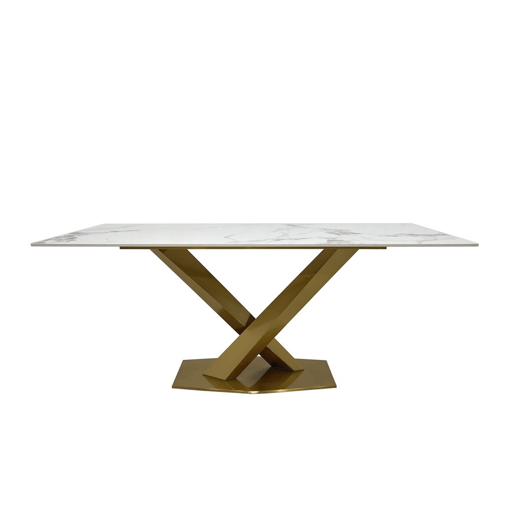 White Slate Marble Dining Table with Matte Gold Base. Picture 1