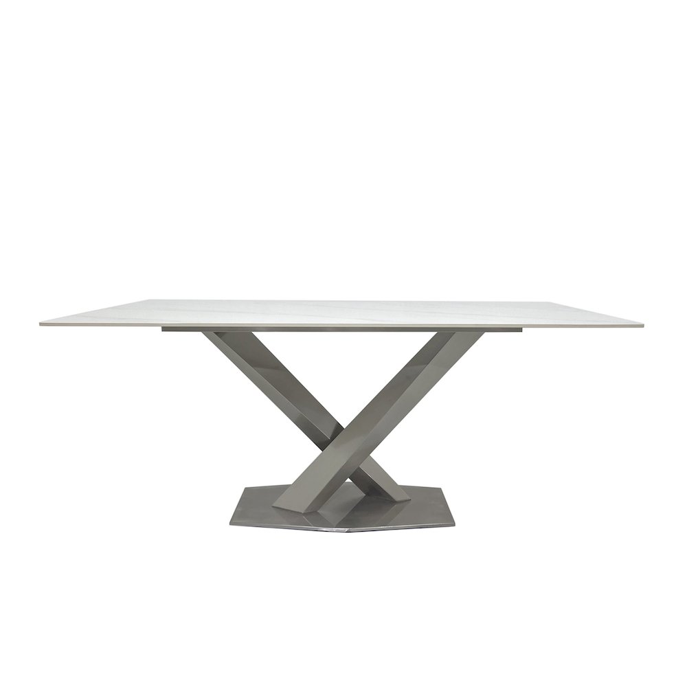 White Slate Marble Dining Table with Matte Silver Base. Picture 1