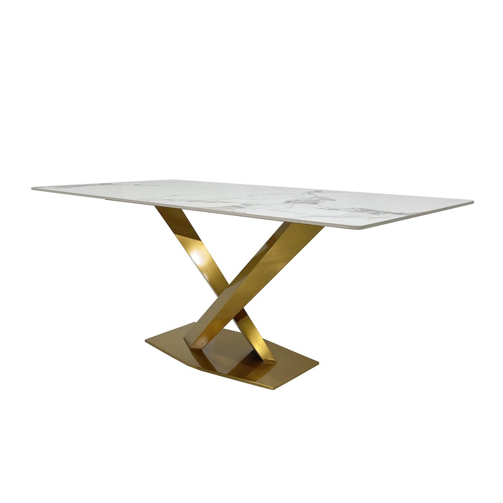 White Slate Marble Dining Table with Matte Gold Base. Picture 3