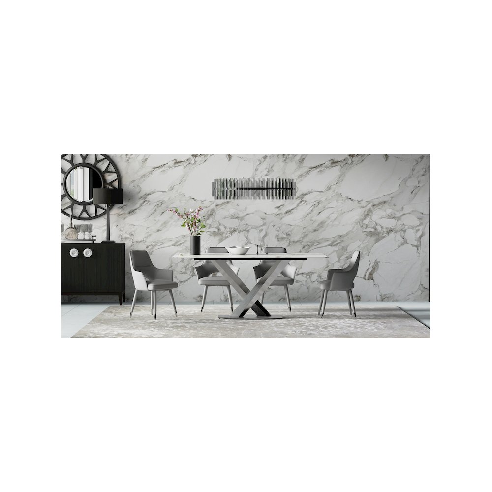 White Slate Marble Dining Table with Matte Silver Base. Picture 3