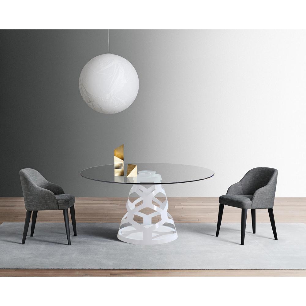 Round Clear Glass Dining Table with White Metal Base. Picture 1